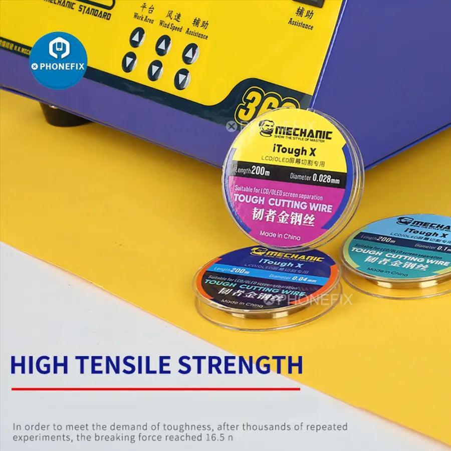 Fil de coupe ultrafin Mechanic iTough X Tough pour écrans LCD et OLED, utilisé comme consommable pour la réparation d'écrans de téléphone.