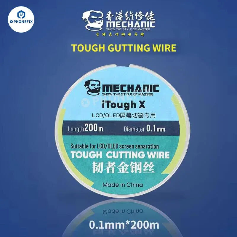 Gros plan sur le fil de coupe ultrafin PHONEFIX iTough X Tough de 0.1 mm pour la réparation d'écrans LCD et OLED, montrant le fil fin et flexible.