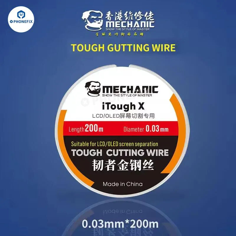 Fil de coupe ultrafin iTough X Tough de 0.03 mm pour écrans LCD et OLED de PHONEFIX, utilisé pour des réparations d'écran précises.