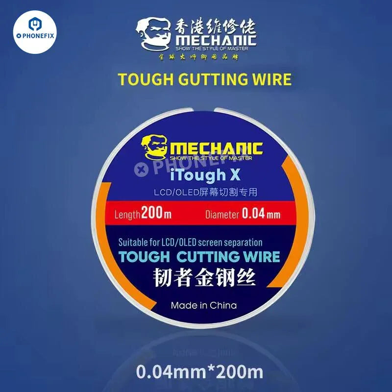 Gros plan sur le fil de coupe ultrafin PHONEFIX iTough X Tough de 0.04 mm pour la réparation d'écrans LCD et OLED.