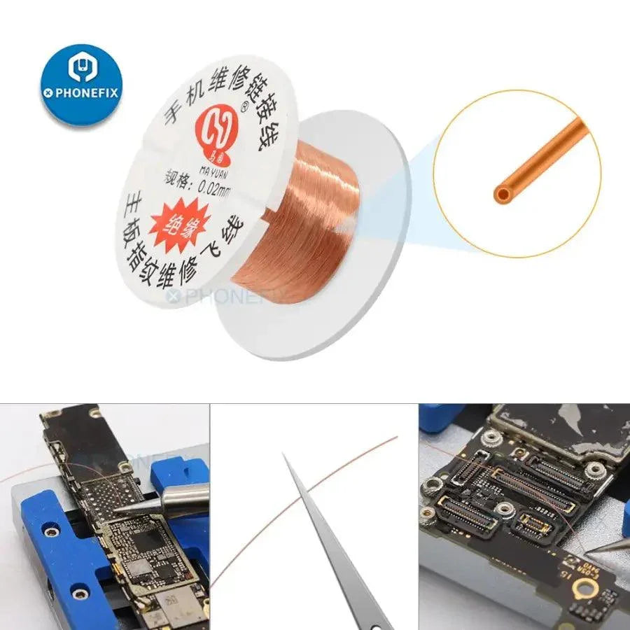 Copper jumper wire for phone BGA soldering repair, 0.01mm, PhoneFix consumables, shown in a pack of five thin copper wires.