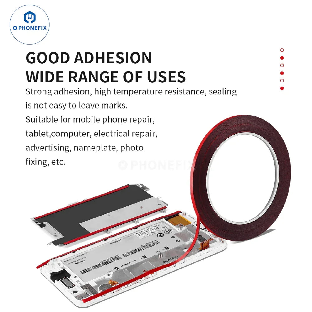 Double-sided heat resistant tape for phone LCD screen repair, 10 meters long, from PHONEFIX, used for electronic device repairs.