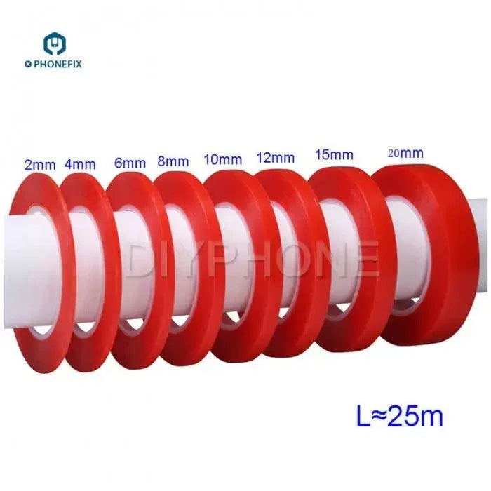 Acrylic PET red film clear double-sided tape for phone screen repair by PHONEFIX, shown on a white background.