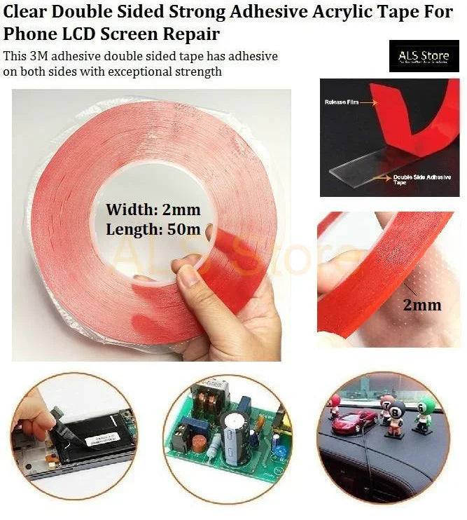 Red acrylic PET film double-sided tape for phone screen repair, clear adhesive tape by PHONEFIX for durable fixing.