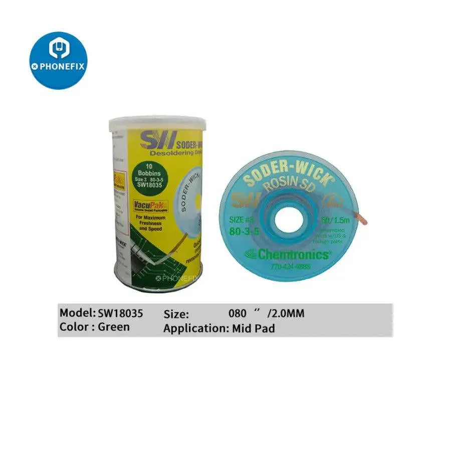 Original SODER WICK Suction Wire SW 18025/35/45/55 by PHONEFIX, used for phone screen repairs, shown in the image.