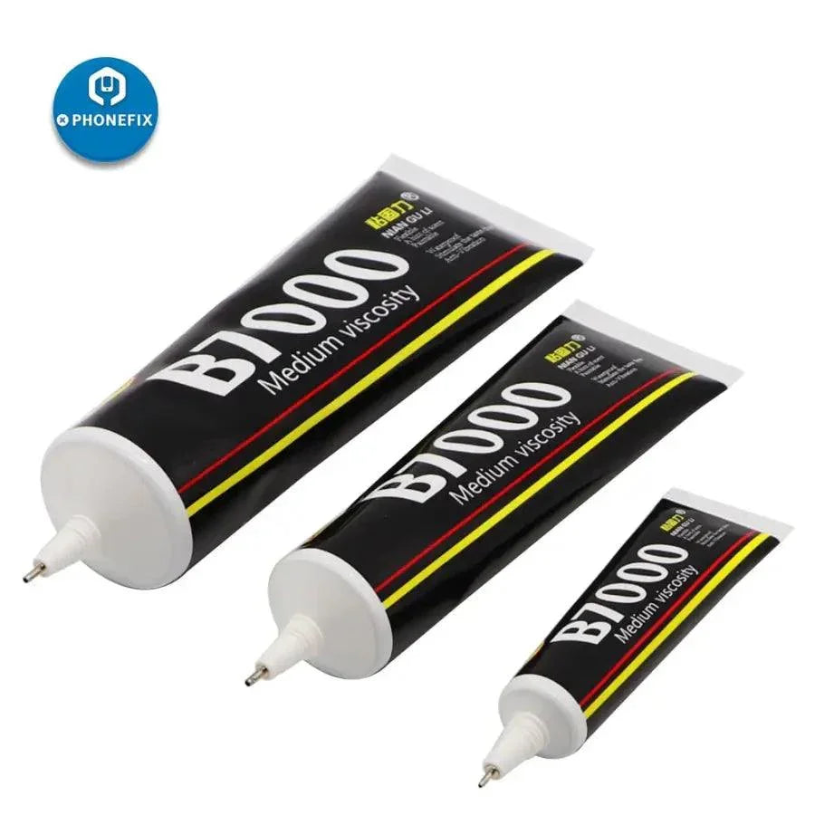 Transparent B7000 super glue adhesive by PHONEFIX, ideal for DIY LCD repairs and versatile bonding applications.
