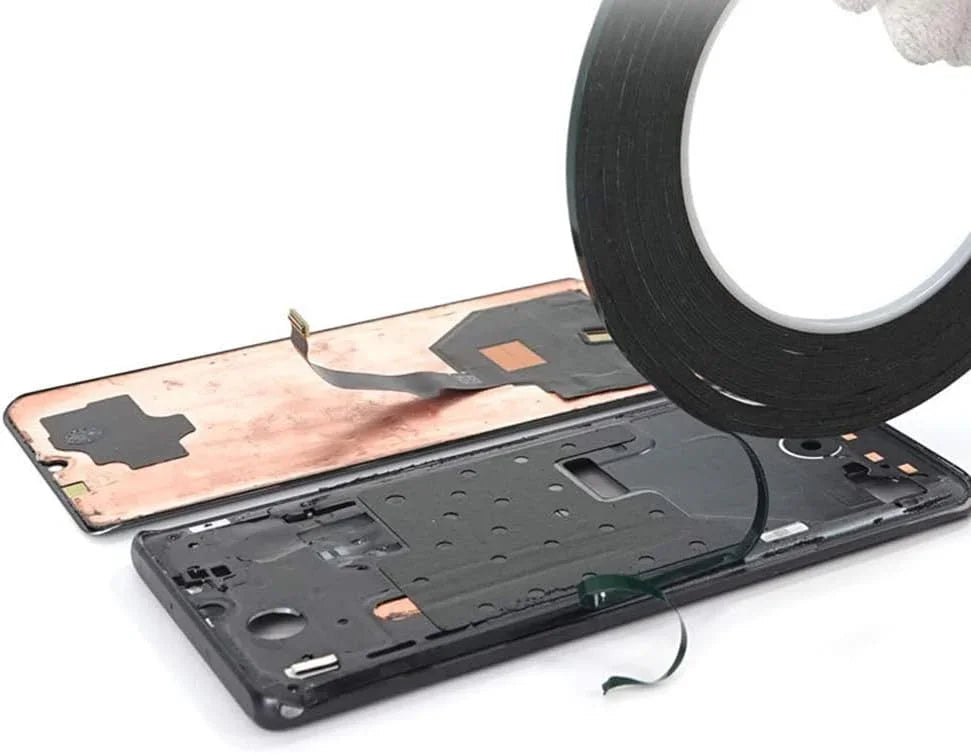 Black double-sided adhesive foam tape for LCD screen repairs, designed for PhoneFix consumable repair applications.