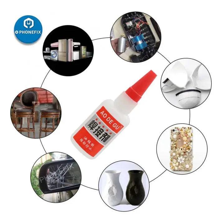 Agent de soudage super puissant pour chaussures en plastique, métal et caoutchouc&nbsp;; colle à séchage instantané PHONEFIX pour des réparations rapides et une forte adhérence.