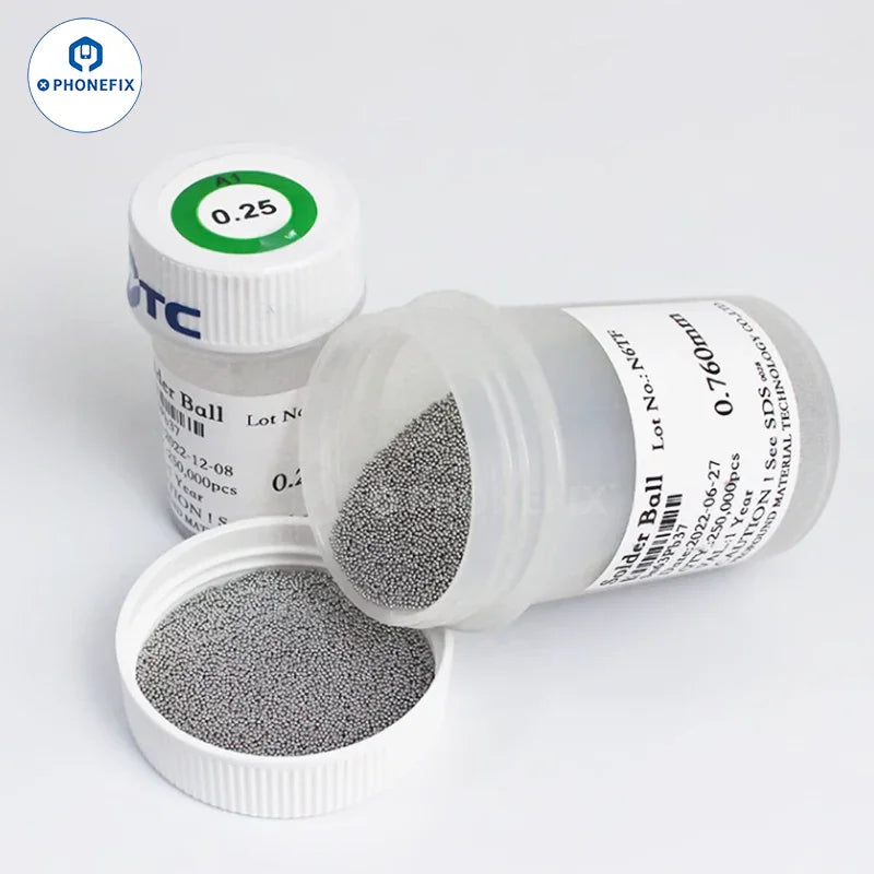 LEADED tin solder balls for BGA reballing, PHONEFIX brand, close-up of metallic solder particles used for electronics soldering.