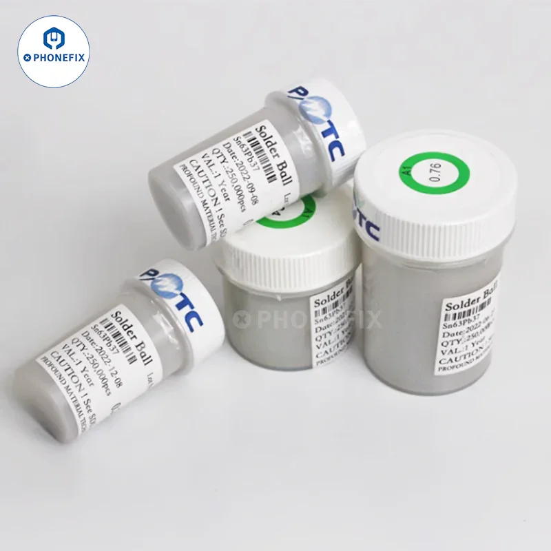 Leaded tin solder balls for BGA reballing, PHONEFIX brand, showing small spherical solder particles used in electronics soldering.