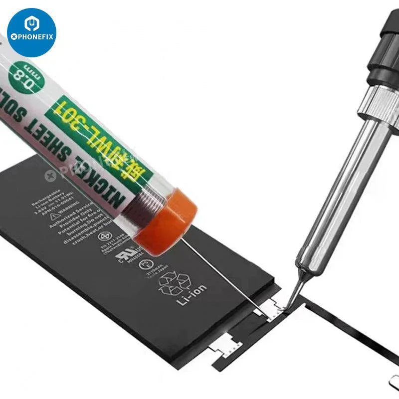 Two Wylie WL-301 3M Battery Nickel Solder Tin Wire Repair Welding Tools from PHONEFIX, shown with tips and wire for electronic repairs.