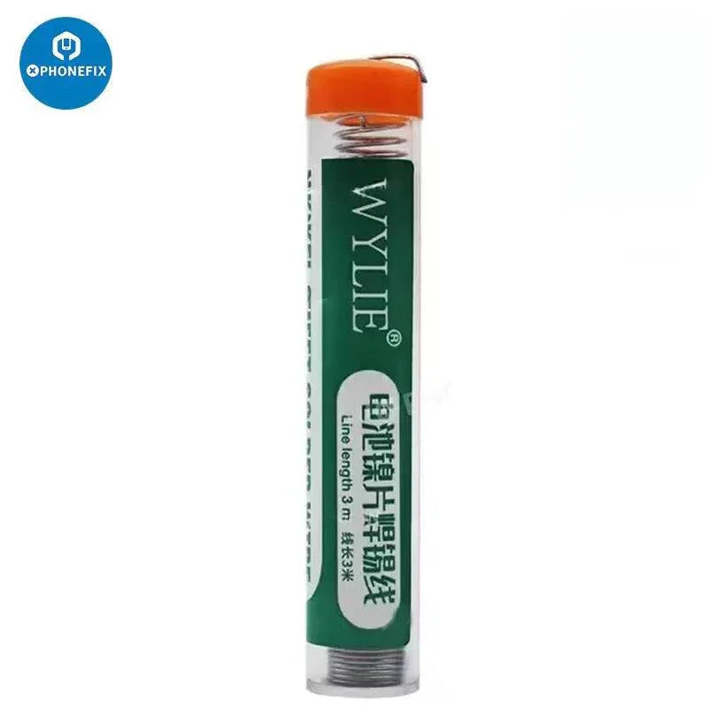 Two Wylie WL-301 3M Battery Nickel Solder Tin Wire Repair Welding Tools for phone repair, shown with metal wire and tools.