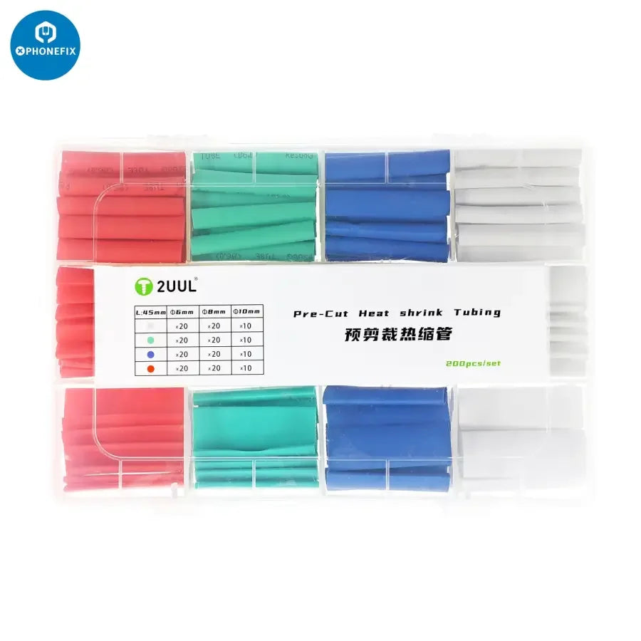 Set of 200 PHONEFIX pre-cut heat shrink tubing in 6mm, 8mm, and 10mm sizes for electronic repairs and insulation.