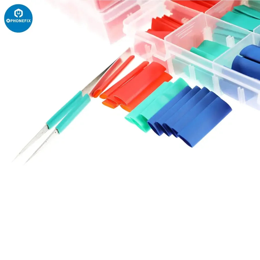 Set of 200 PHONEFIX 6mm, 8mm, 10mm pre-cut heat shrink tubing for electronics and repairs, durable and easy to use.
