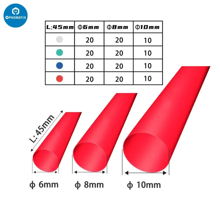 Set of 200 PHONEFIX pre-cut heat shrink tubing in 6mm, 8mm, and 10mm for electronic insulation and repair applications.