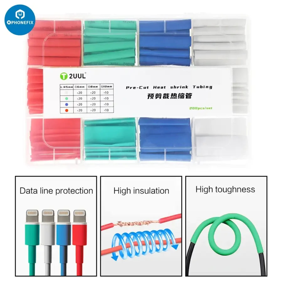 Set of 200 pre-cut heat shrink tubing in 6mm, 8mm, and 10mm sizes by PHONEFIX, ideal for electronic insulation and repairs.