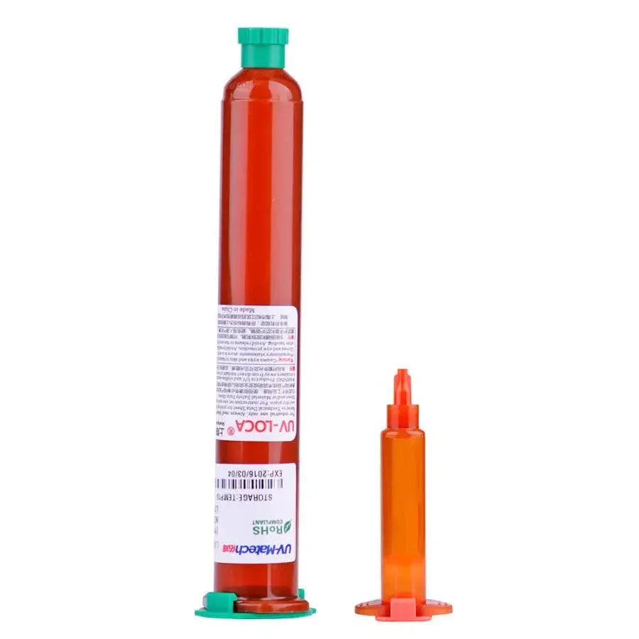 Clear UV liquid adhesive for LCD screens, PhoneFix LOCA glue in 5ml and 50ml bottles, used for optical bonding and screen repairs.
