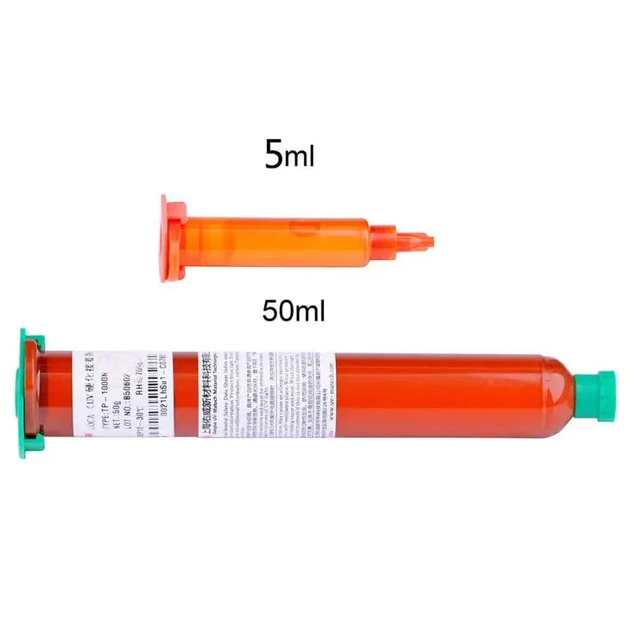 Clear LCD screen UV glue and LOCA adhesive in 5ml and 50ml bottles from PHONEFIX, used for optical and screen repairs.