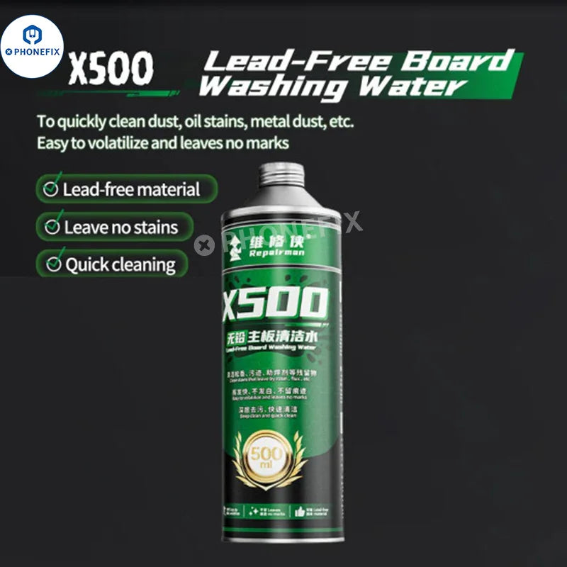 Repairman 530 Electronic Cleaner by PHONEFIX, 500ml for PCB, LCD, and camera cleaning, in a clear spray bottle.