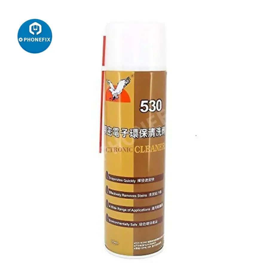 Falcon Electronic Products environmental friendly contact spray cleaner for electronic devices, branded PHONEFIX, shown in a container.