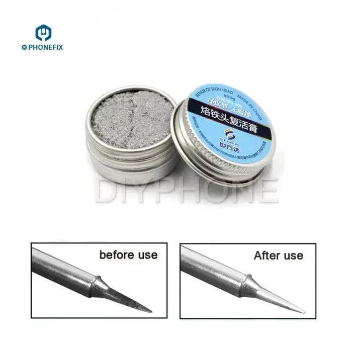 Phonefix oxidized soldering tip recovering solder cream cleaner for repairing and reviving soldering tips in electronic work.