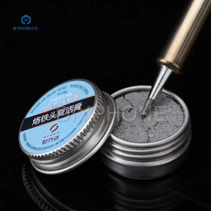Oxidized soldering tip recovering solder cream by PHONEFIX for cleaning and reviving lead-free soldering iron tips.
