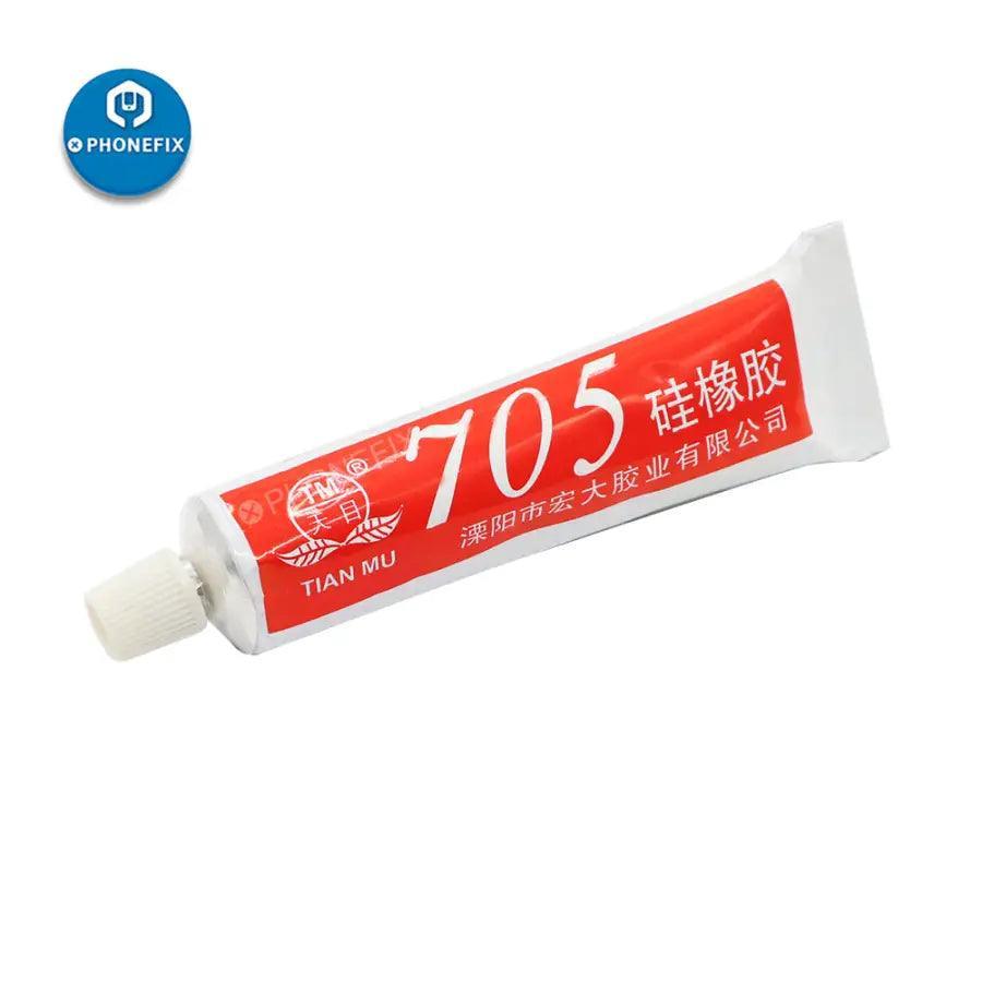 Black transparent silicone industrial adhesive 704 RTV glue from PHONEFIX, suitable for rubber and rubber-based repairs.