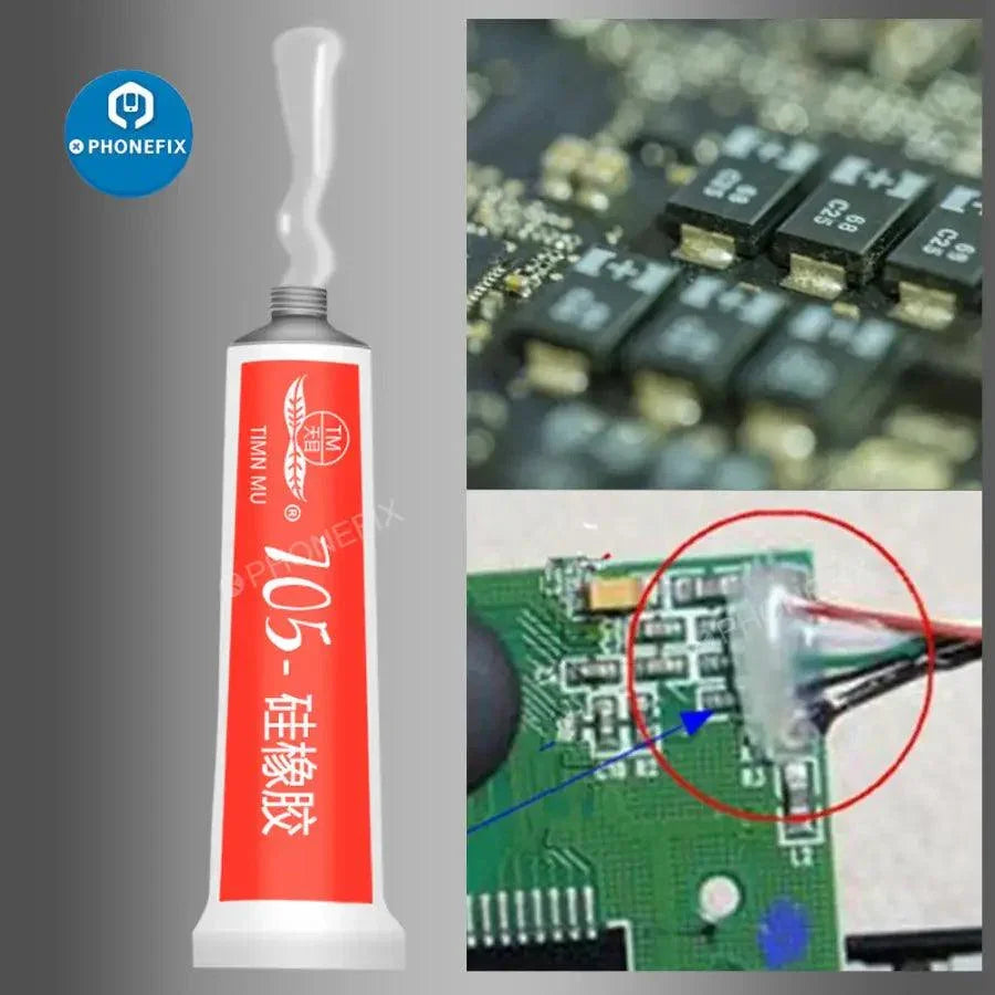 Black transparent Silicone Industrial Adhesive 704 RTV rubber glue by PHONEFIX for industrial and repair use.