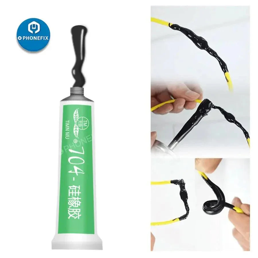 Black and transparent silicone industrial adhesive 704 RTV glue by PHONEFIX for rubber and industrial repairs.