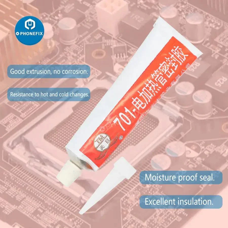 Black and transparent silicone industrial adhesive 704 RTV rubber glue by PHONEFIX, shown in a tube and applicator.