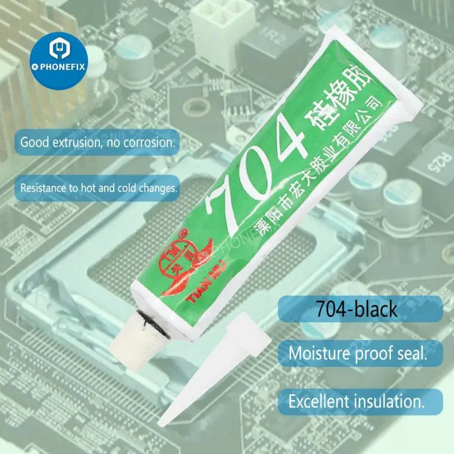 Black and transparent silicone industrial adhesive 704 RTV rubber glue from PHONEFIX, suitable for heavy-duty bonding and repairs.