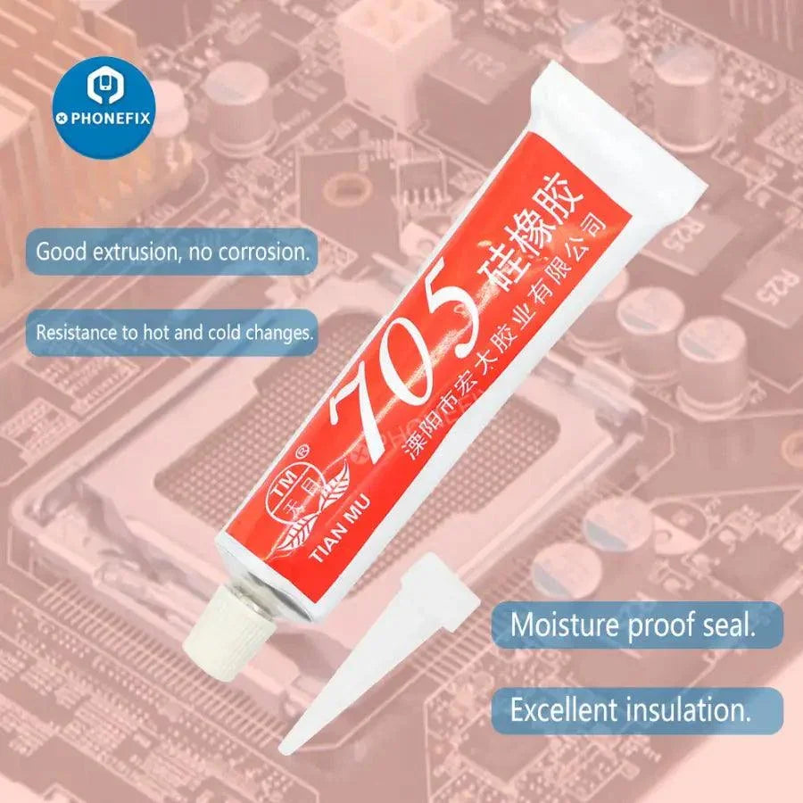 Black and transparent silicone industrial adhesive 704 RTV rubber glue by PHONEFIX, used for strong, durable bonds on various surfaces.