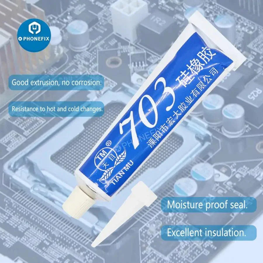 Black and transparent Silicone Industrial Adhesive 704 RTV rubber glue from PHONEFIX for durable bonding of rubber and industrial materials.