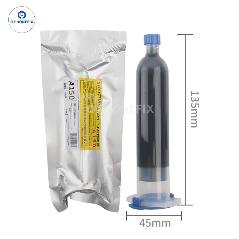 A bottle of PHONEFIX A150 Structural Adhesive for iPhone LCD display frame repair, 5ml black glue for durable repairs.