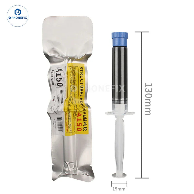 Black A150 Structural Adhesive by PHONEFIX, 5ml repair glue for iPhone LCD display frame repair and screen assembly.