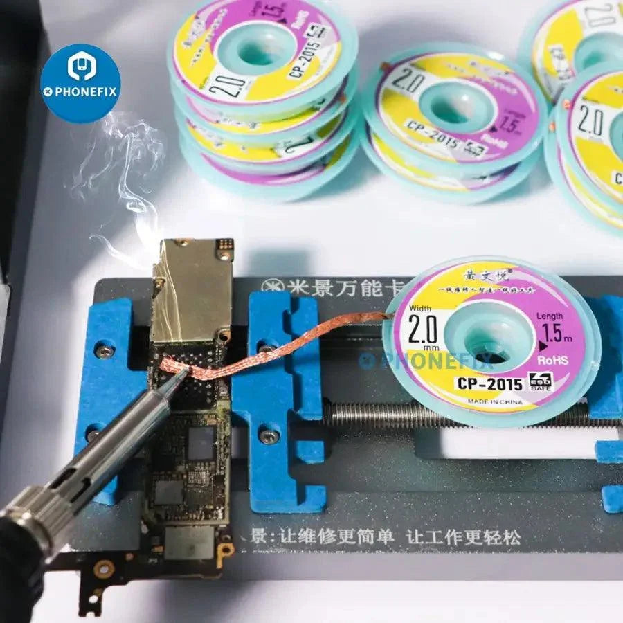 AIXUN PhoneFix 2mm desoldering wick for PCB tin removal, strong and no residue, used for BGA repair and electronics cleaning.