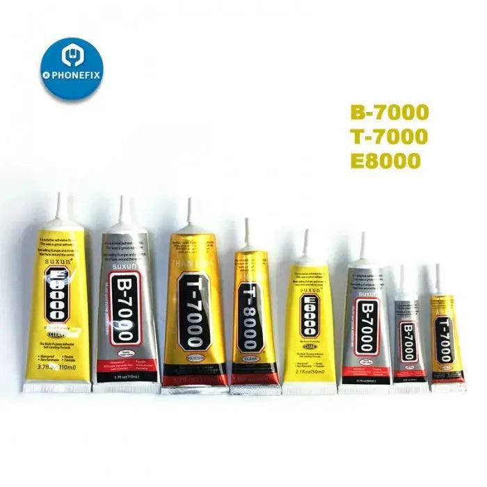 Bottle of PHONEFIX B7000 E8000 T8000 transparent adhesive liquid glue for phone screens, used for screen repair and bonding.