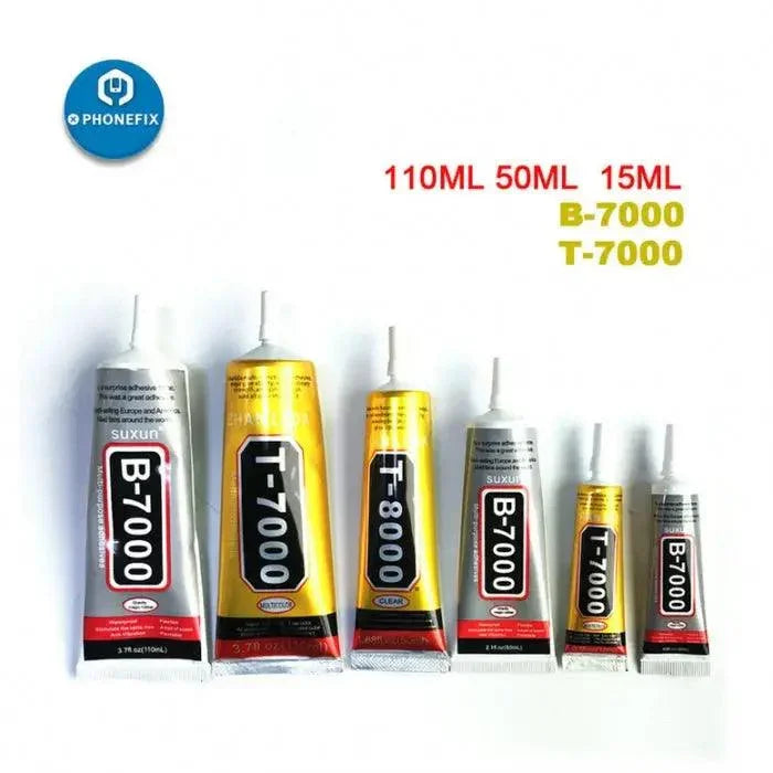 Transparent adhesive liquid glue for phone screens, B7000, E8000, T8000 brands, used for repairing or bonding mobile device screens.