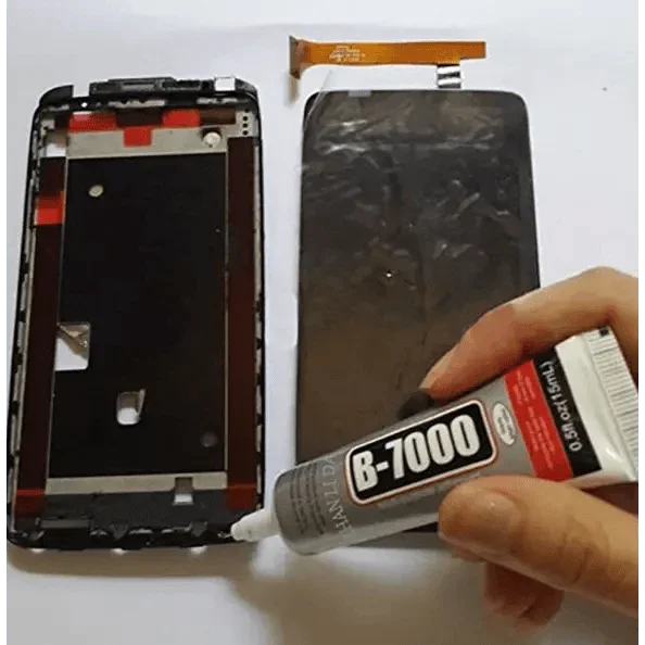 PhoneFIX B7000, E8000, T8000 transparent adhesive liquid glue for phone screens, 15ml consumable repair glue on a white background.