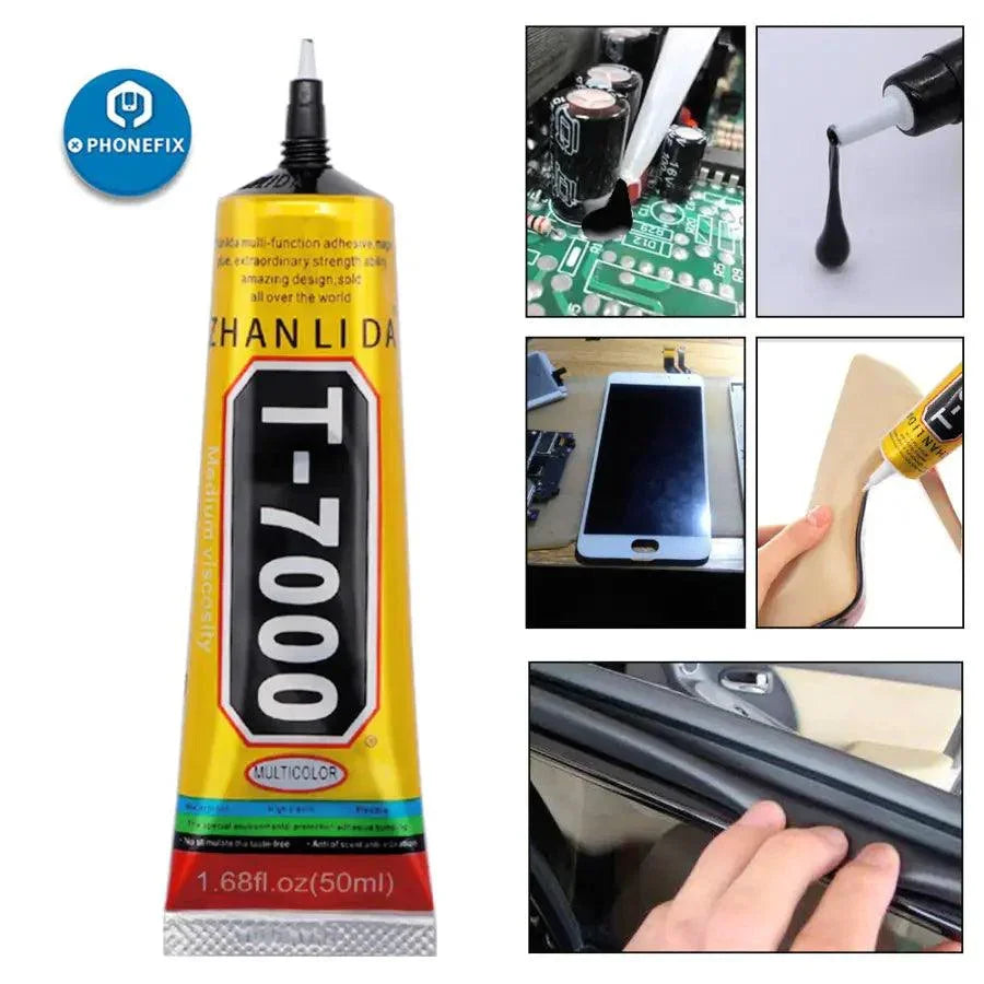 Transparent adhesive liquid glue bottles for phone screens, B7000, E8000, and T8000 brands, 15ml size from PHONEFIX.