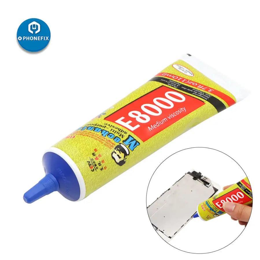 Close-up of PHONEFIX B7000, T7000, E8000 touch screen liquid adhesive glue in a small container, used for phone repairs.