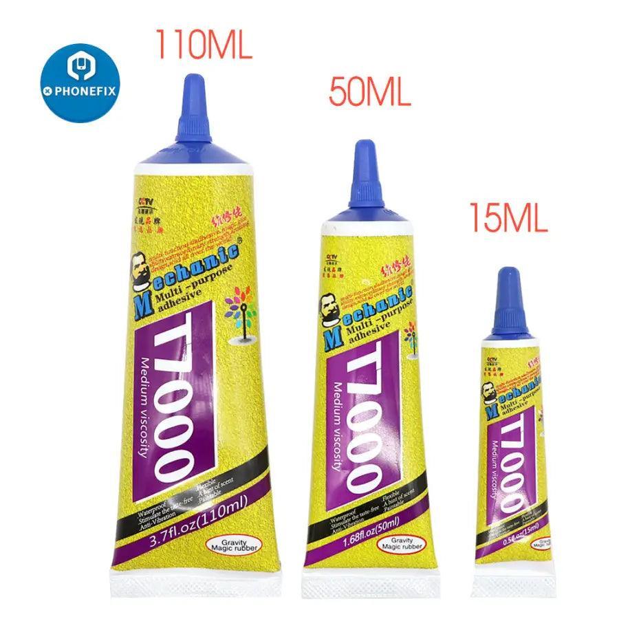Close-up of PHONEFIX B7000 T7000 E8000 touch screen liquid adhesive glue applied to a smartphone screen for repair.