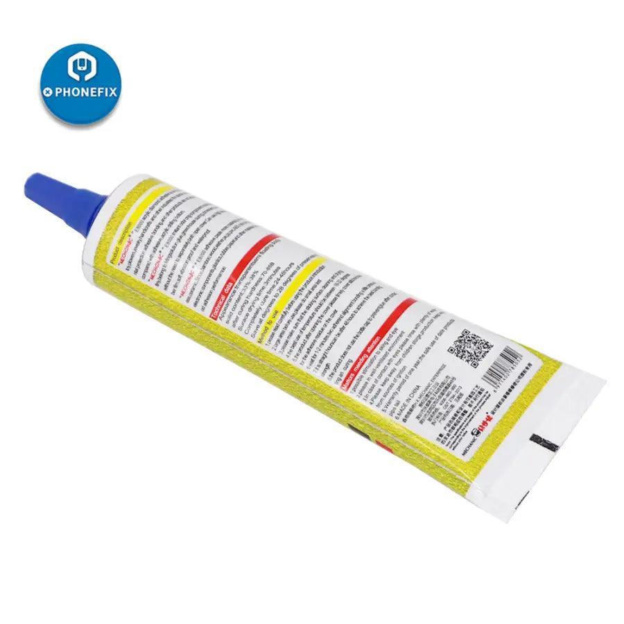Close-up of PHONEFIX Mechanic B7000 T7000 E8000 touch screen liquid adhesive glue bottle for phone repairs.