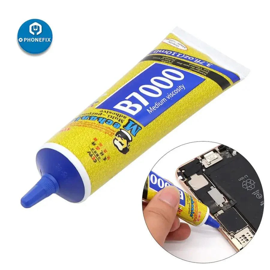Close-up of PHONEFIX B7000, T7000, E8000 touch screen liquid adhesive glue for mobile phone repairs, shown in a clear container.