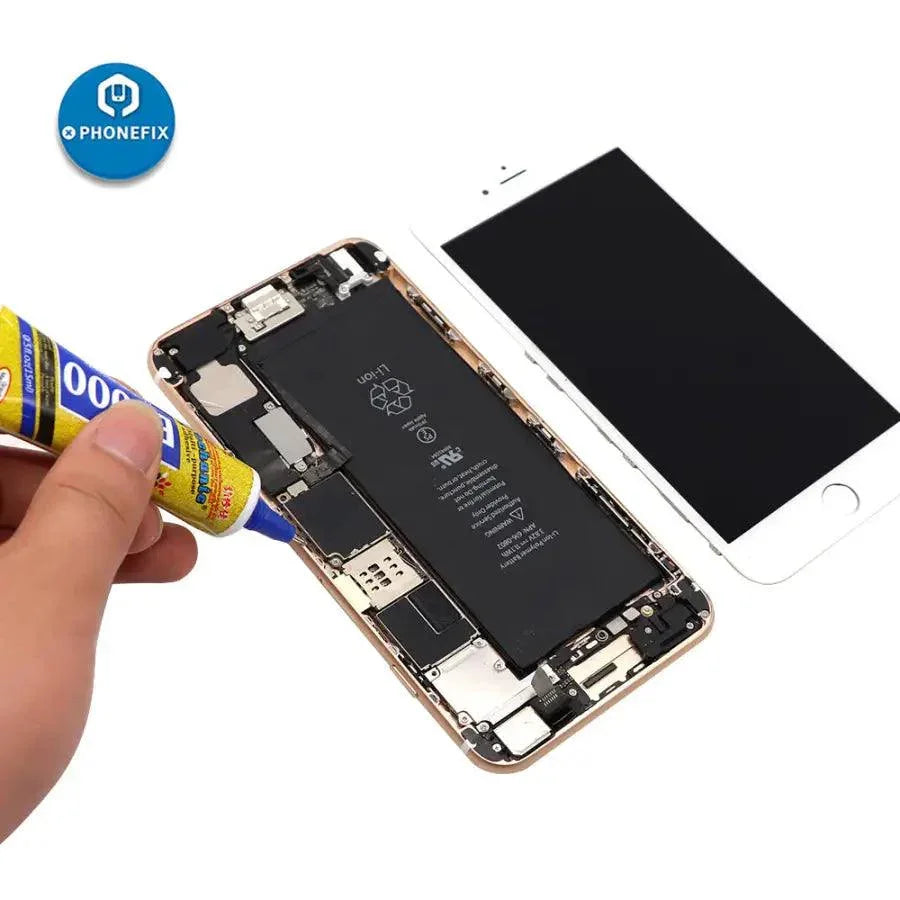 PhoneFix B7000, T7000, E8000 touch screen liquid adhesive glue for electronics repair, shown in a clear container.