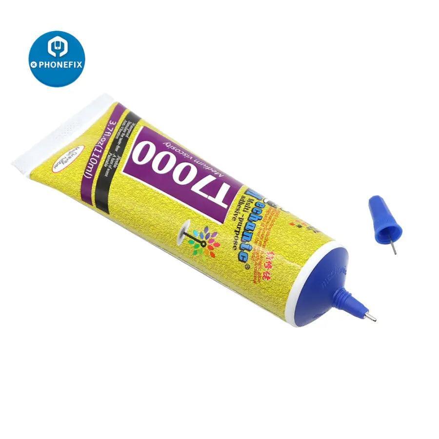 Close-up of PHONEFIX B7000, T7000, E8000 liquid adhesive glue for touch screens, used for phone repair and screen bonding.