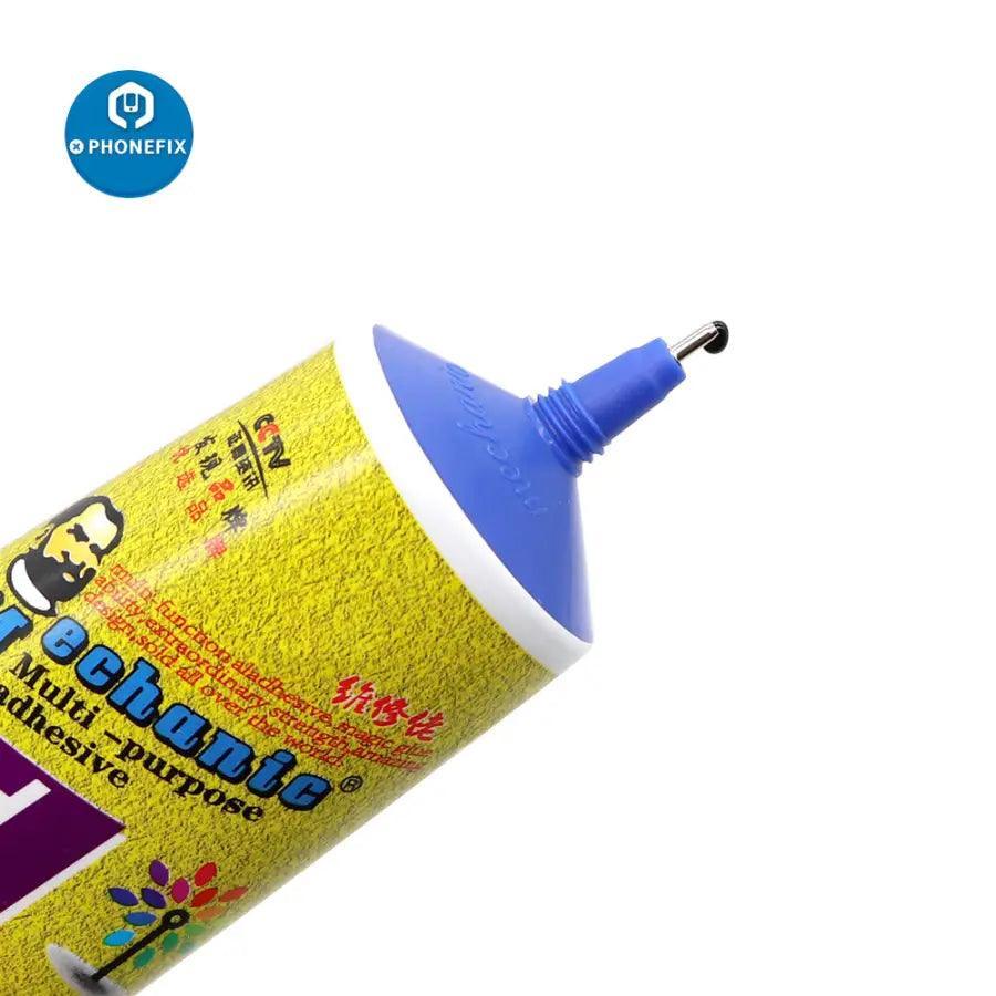 Close-up of PHONEFIX B7000, T7000, E8000 touchscreen liquid adhesive glue for phone repair, showing the clear, viscous liquid in a container.