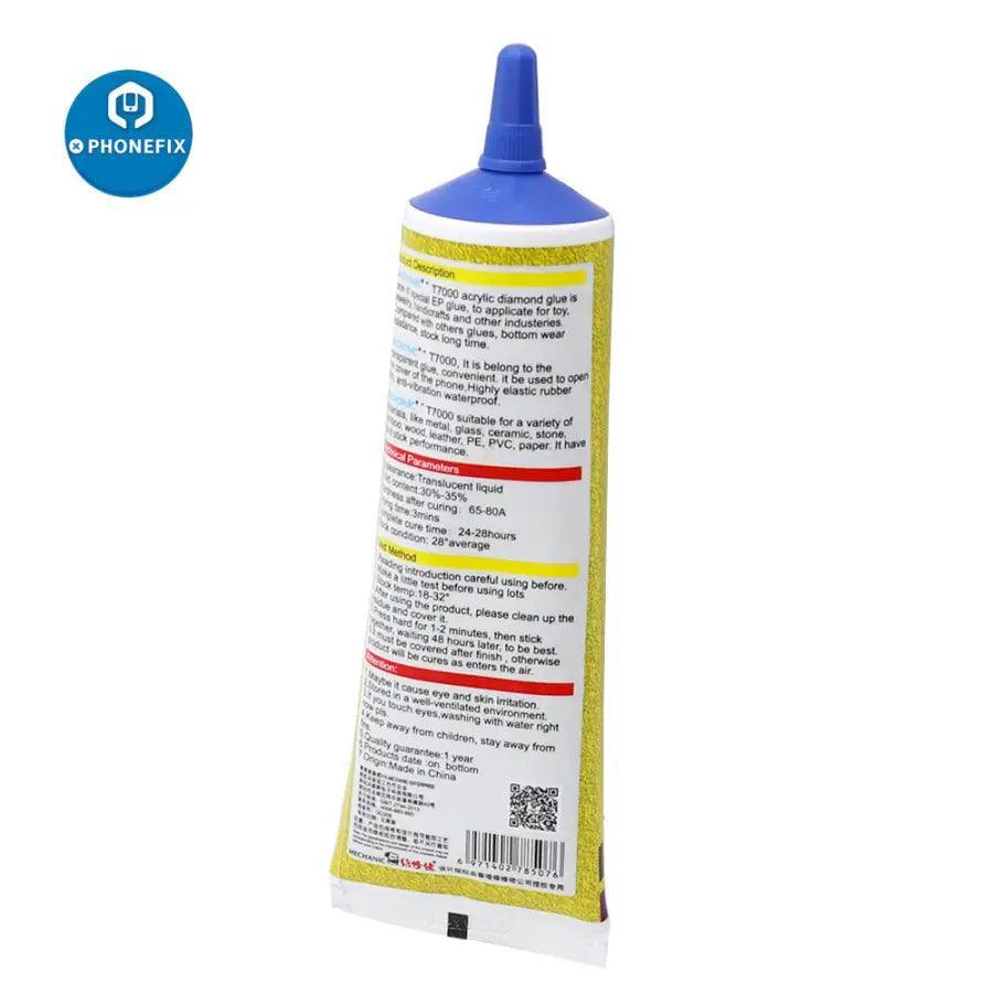 Close-up of PHONEFIX B7000, T7000, E8000 liquid adhesive glue for touch screens, shown in a clear, detailed image.