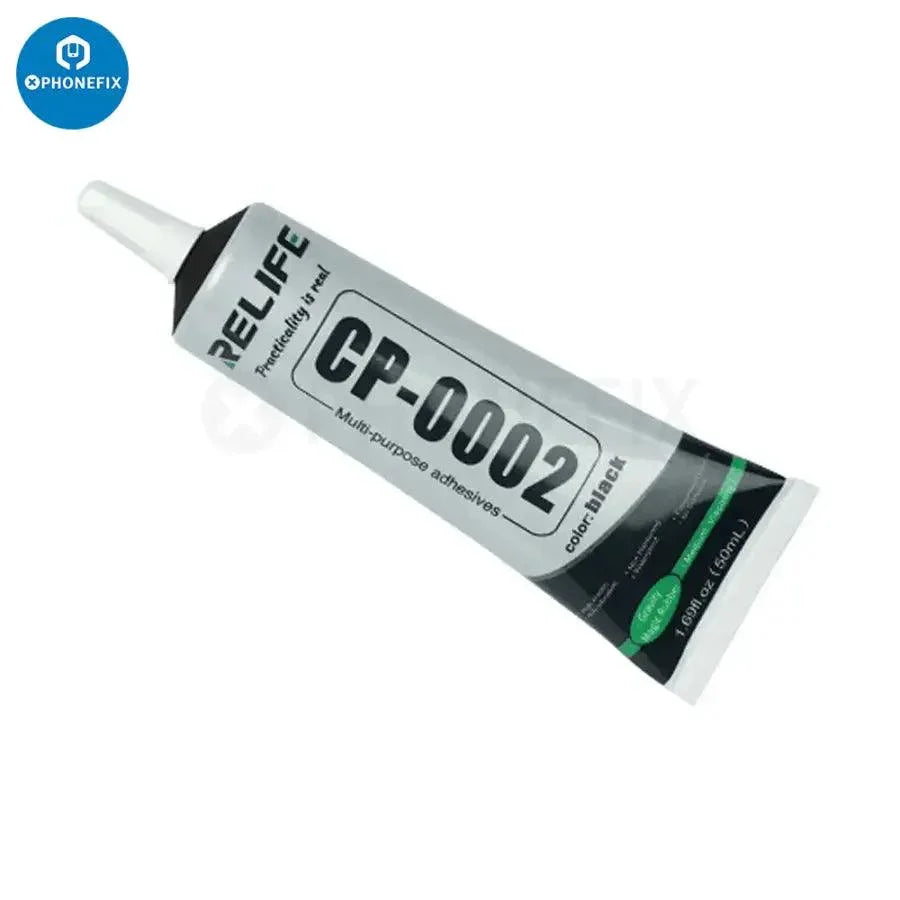 Relife CP-0001 transparent glass glue for phone repair tools, shown in a clear container, used for delicate device repairs.