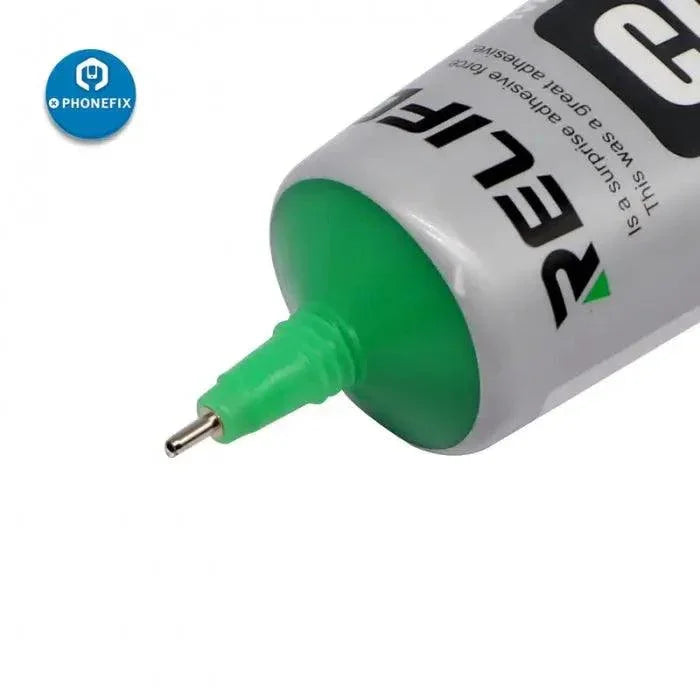 Relife CP-0001 transparent glass glue for phone repair tools by PHONEFIX, shown in container for precise application on electronics.